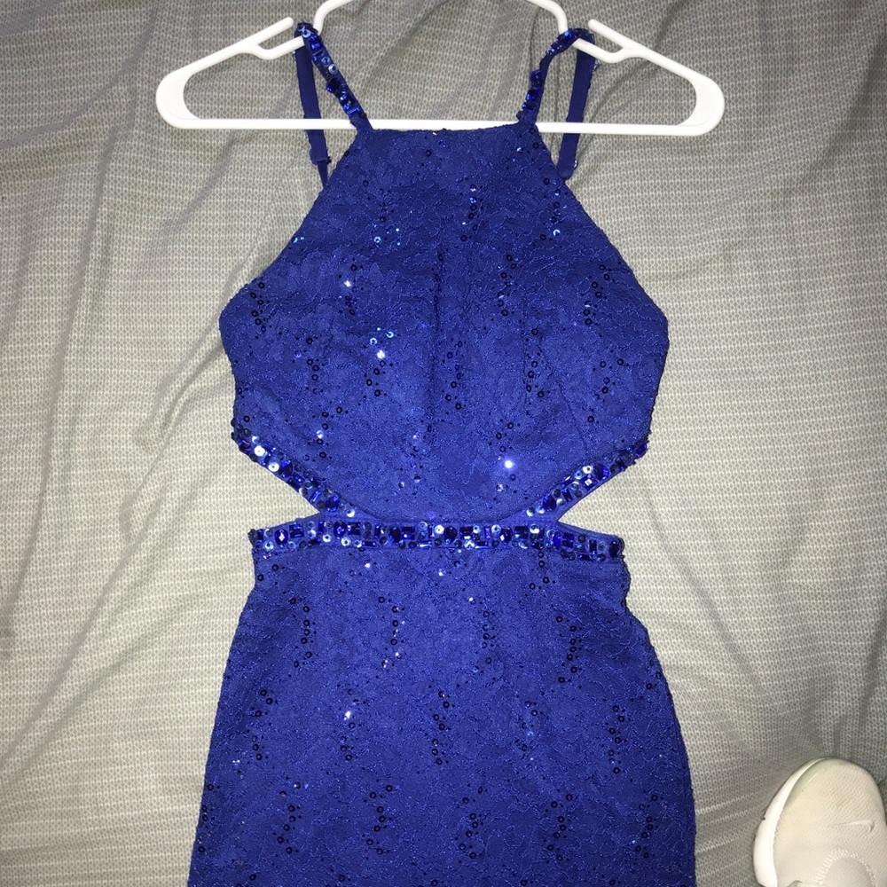 Long Blue Lace Prom Dress